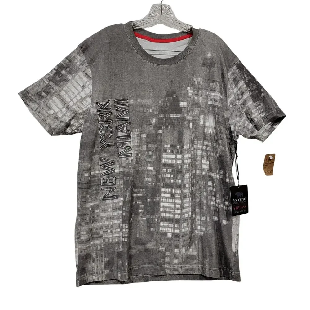 Mens Large Miami All Over Big City Lights Palms Print Pullover Tshirt Y2K Grunge